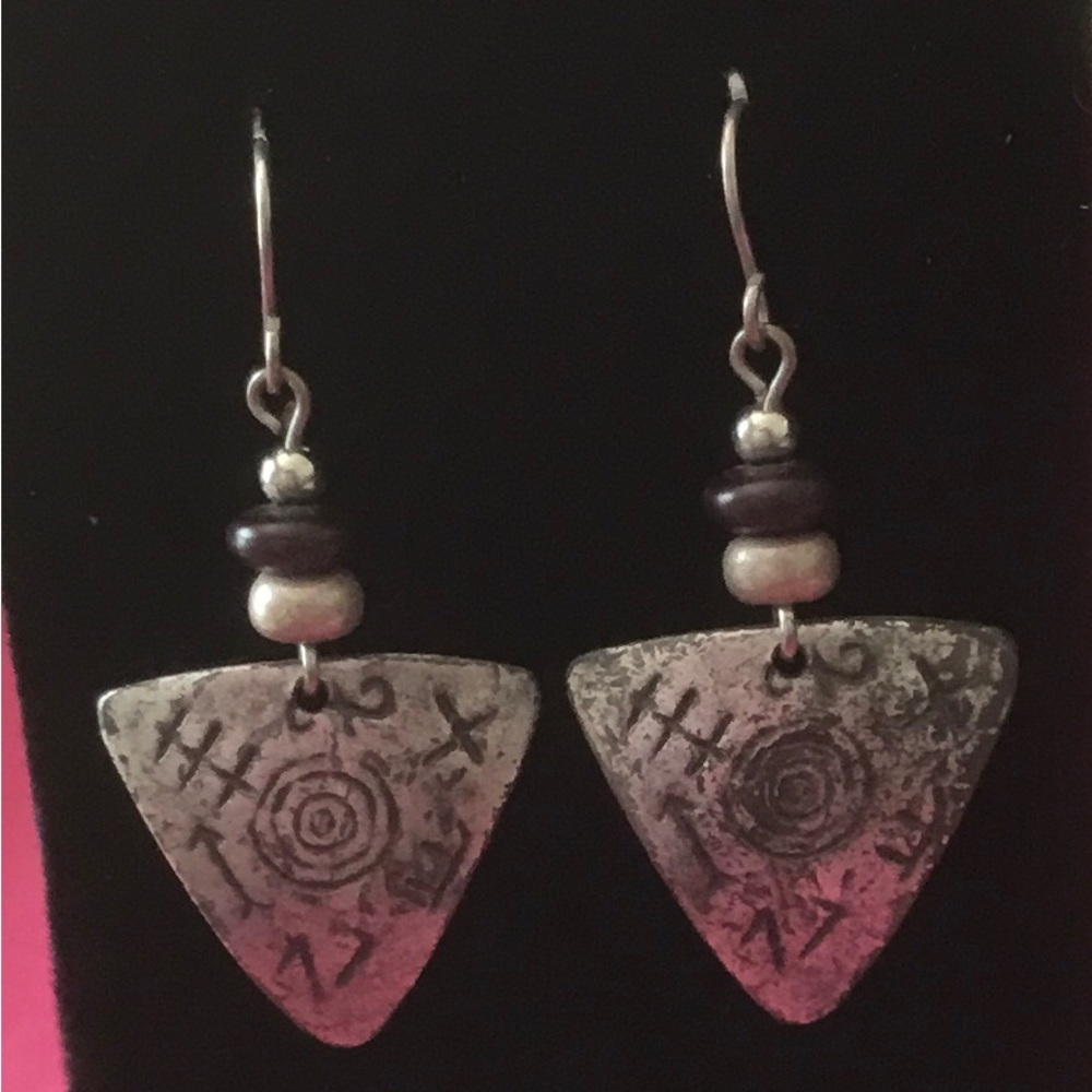 Pair of Chico’s drop silver metal tribal triangle earrings